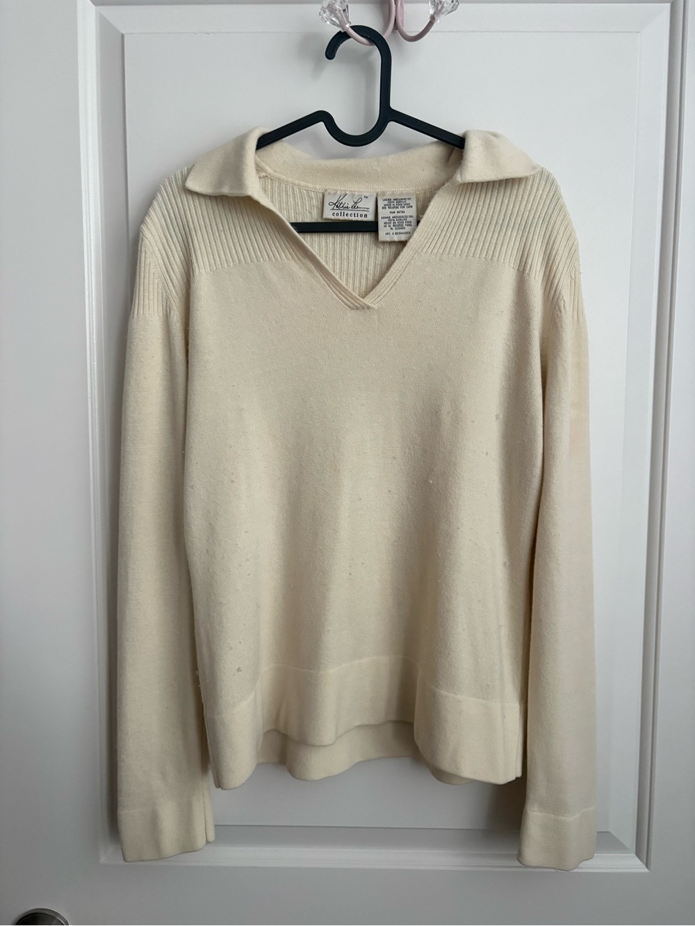 Cream Collared V‑Neck Sweater